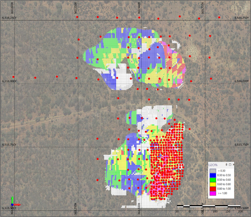 Faraday and Trainline Drill Density (red drill collars) with MRE block model